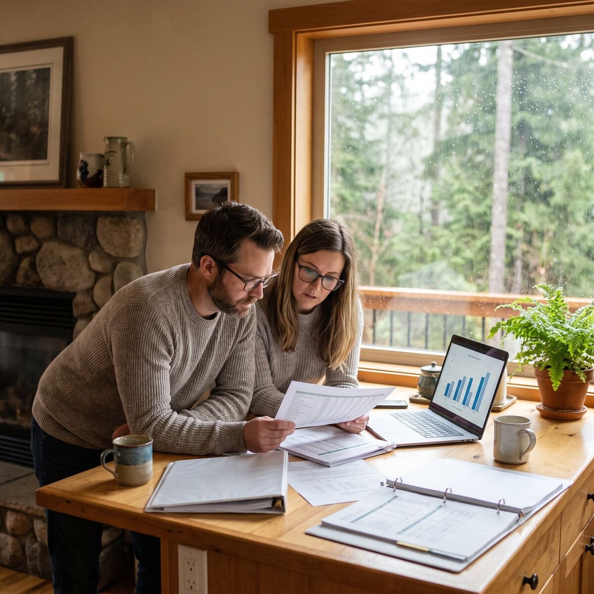 Couple reviewing HELOC paperwork for a King County home purchase