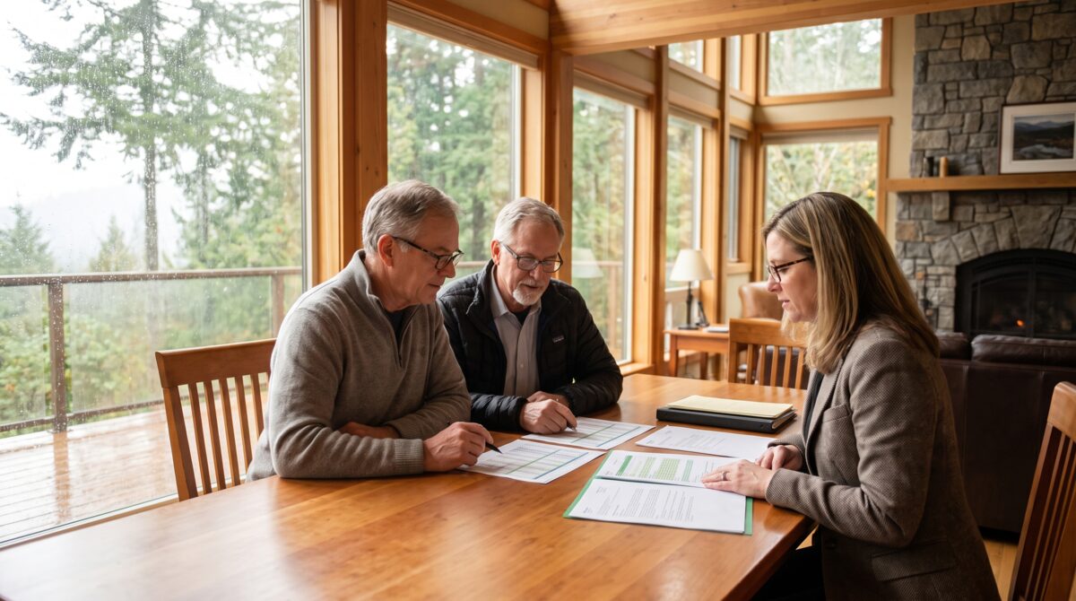 Couple reviewing capital gains tax numbers with an advisor for a King County home sale