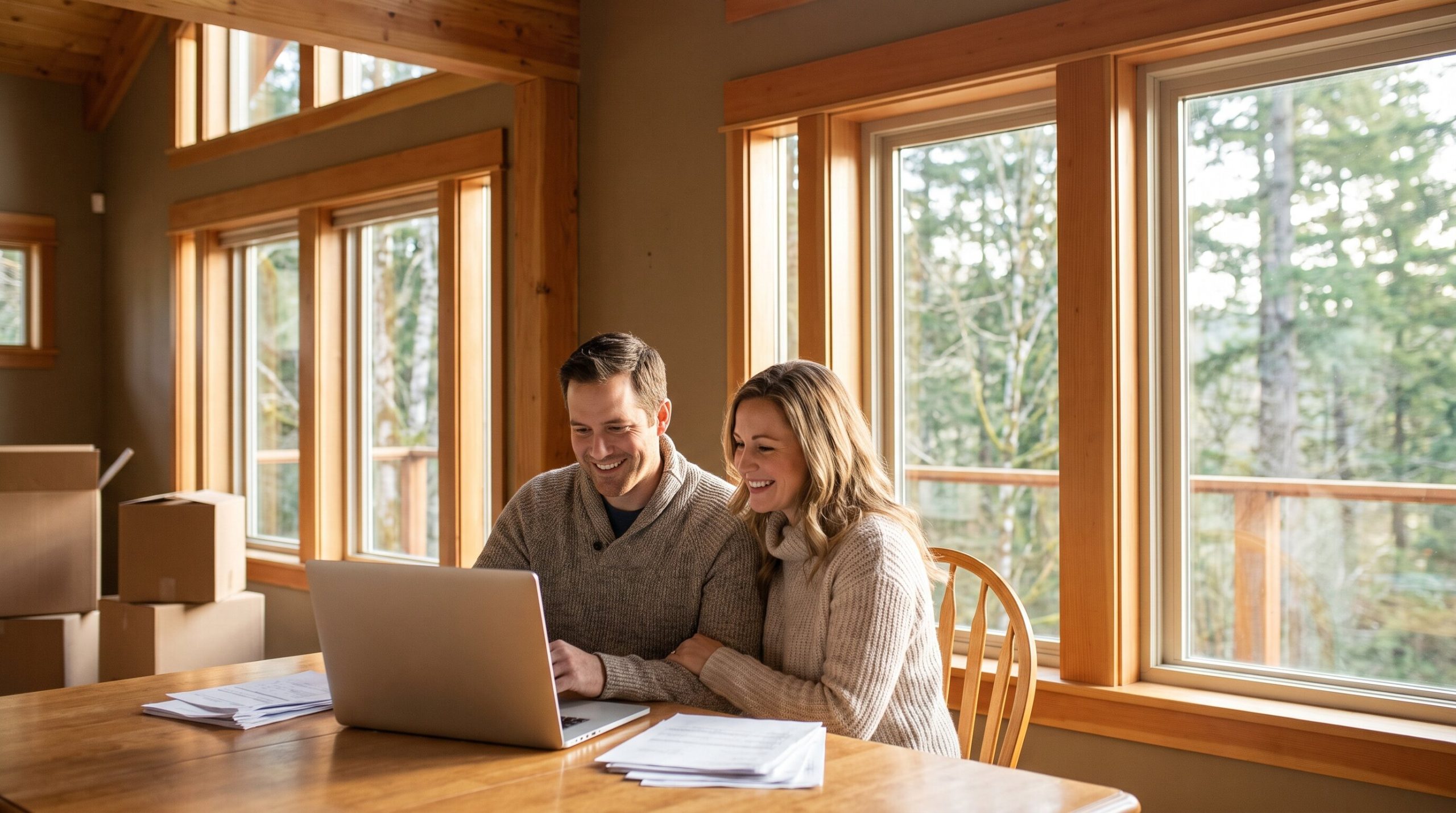 Couple reviewing paperwork for a buy-before-you-sell decision in King County, WA