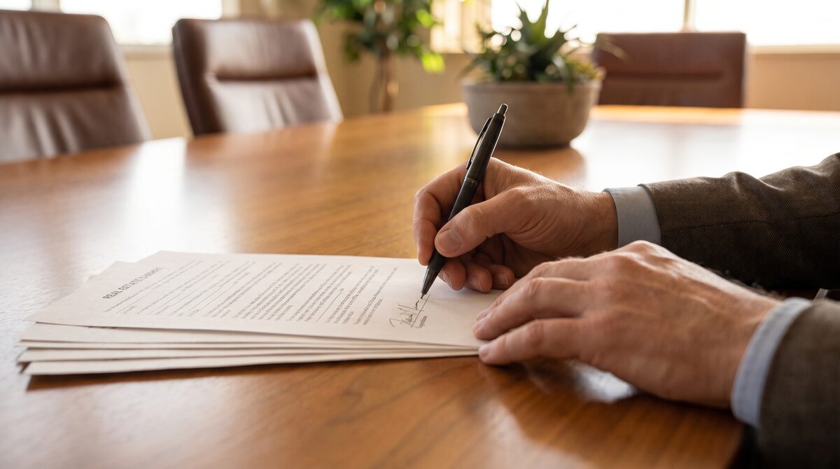 Close-up of hands signing a real estate purchase agreement contract in King County