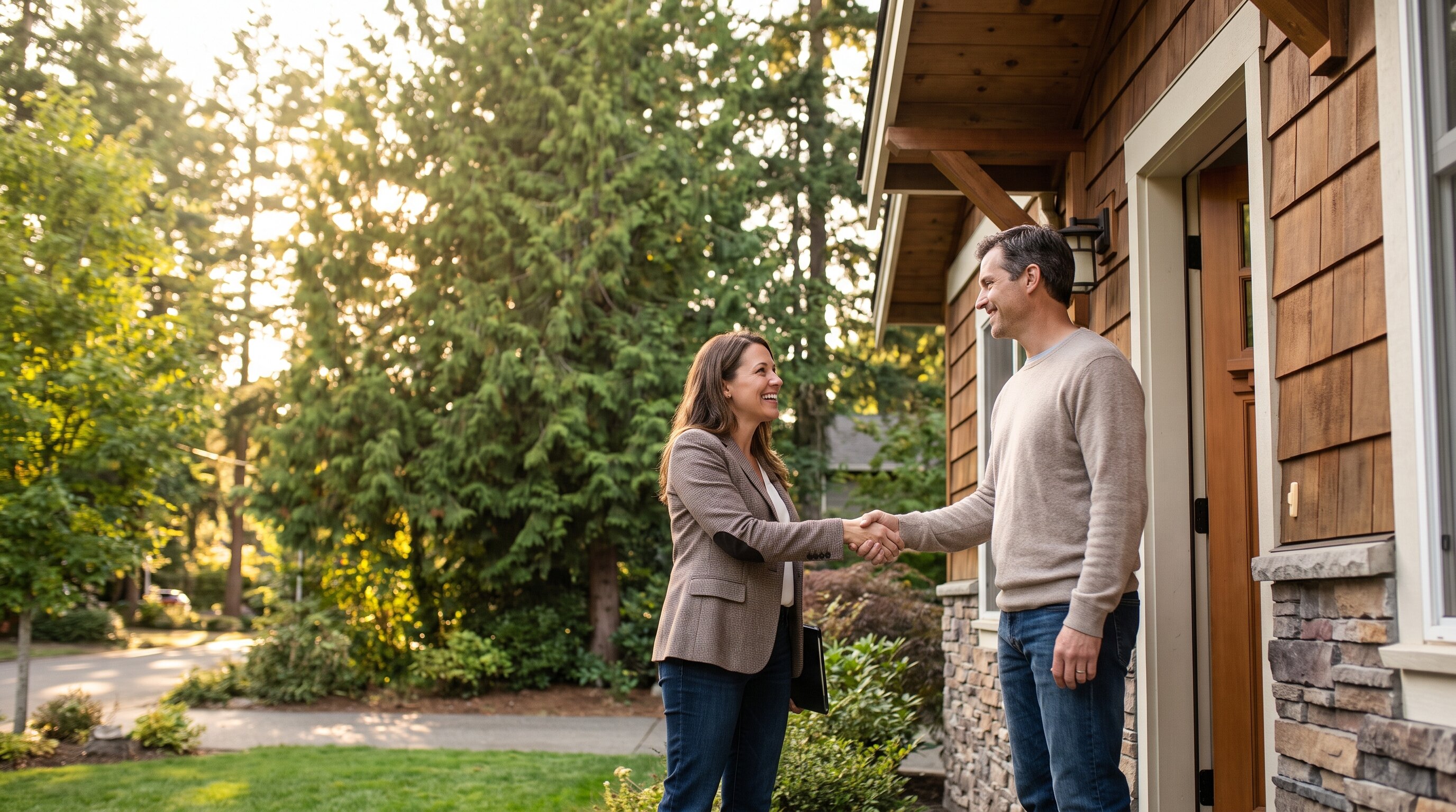 Real estate agent and homeowner at a King County home handoff after a rent-back agreement