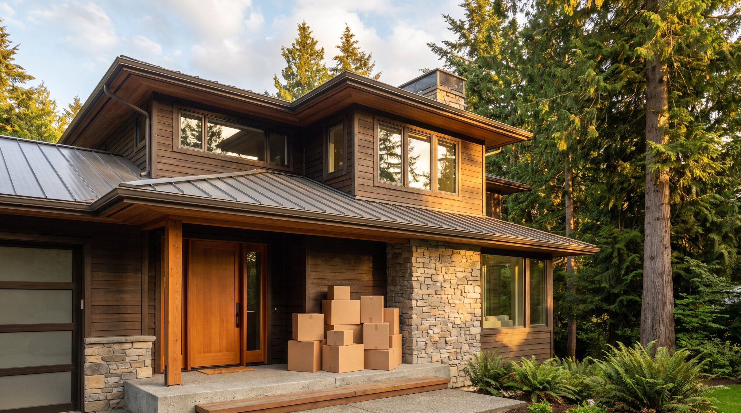 Home exterior with moving boxes at the entry, simultaneous closing day in King County, WA