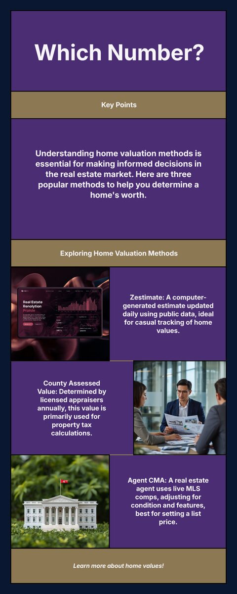 Infographic comparing Zestimate, county assessed value, and agent CMA for King County home valuation