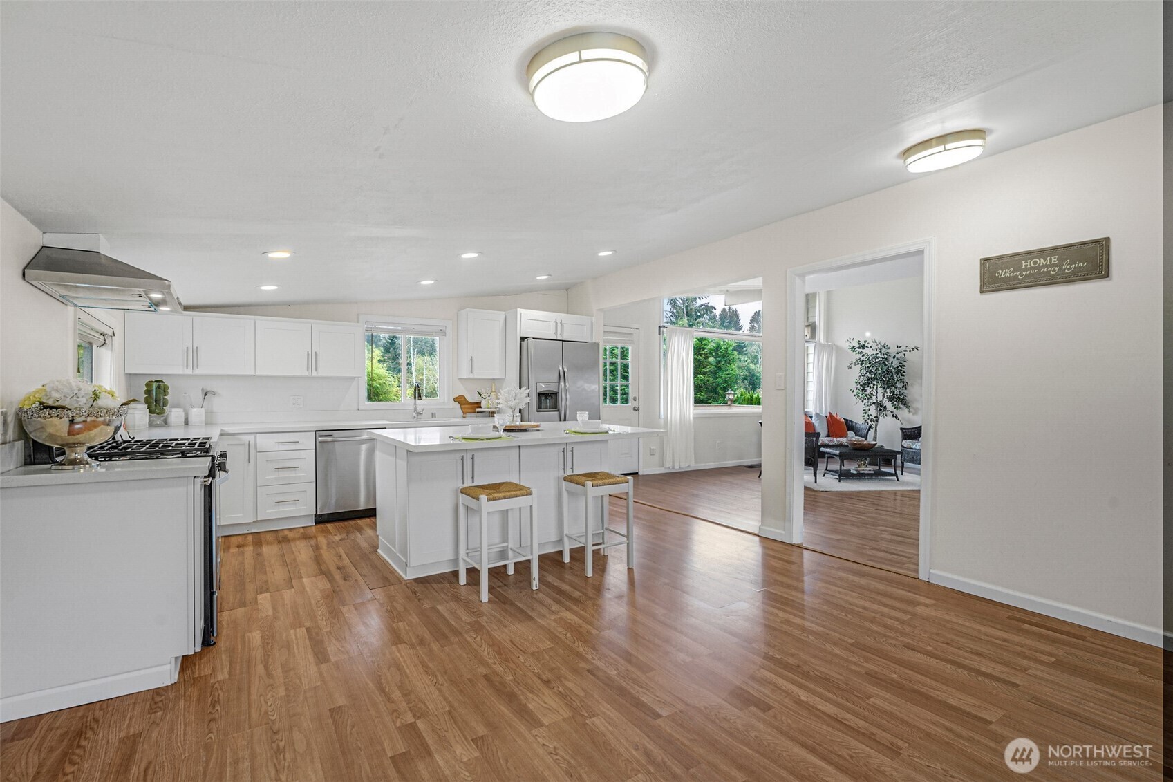 Kitchen and dining area with vaulted ceiling