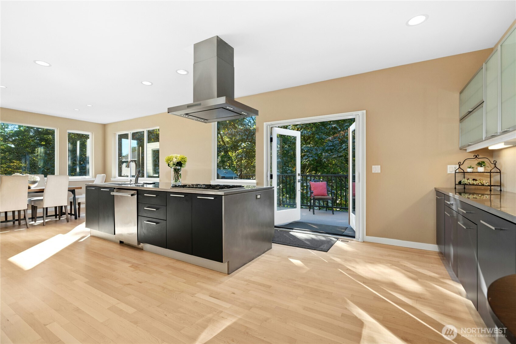 Kitchen island with doors out to the deck