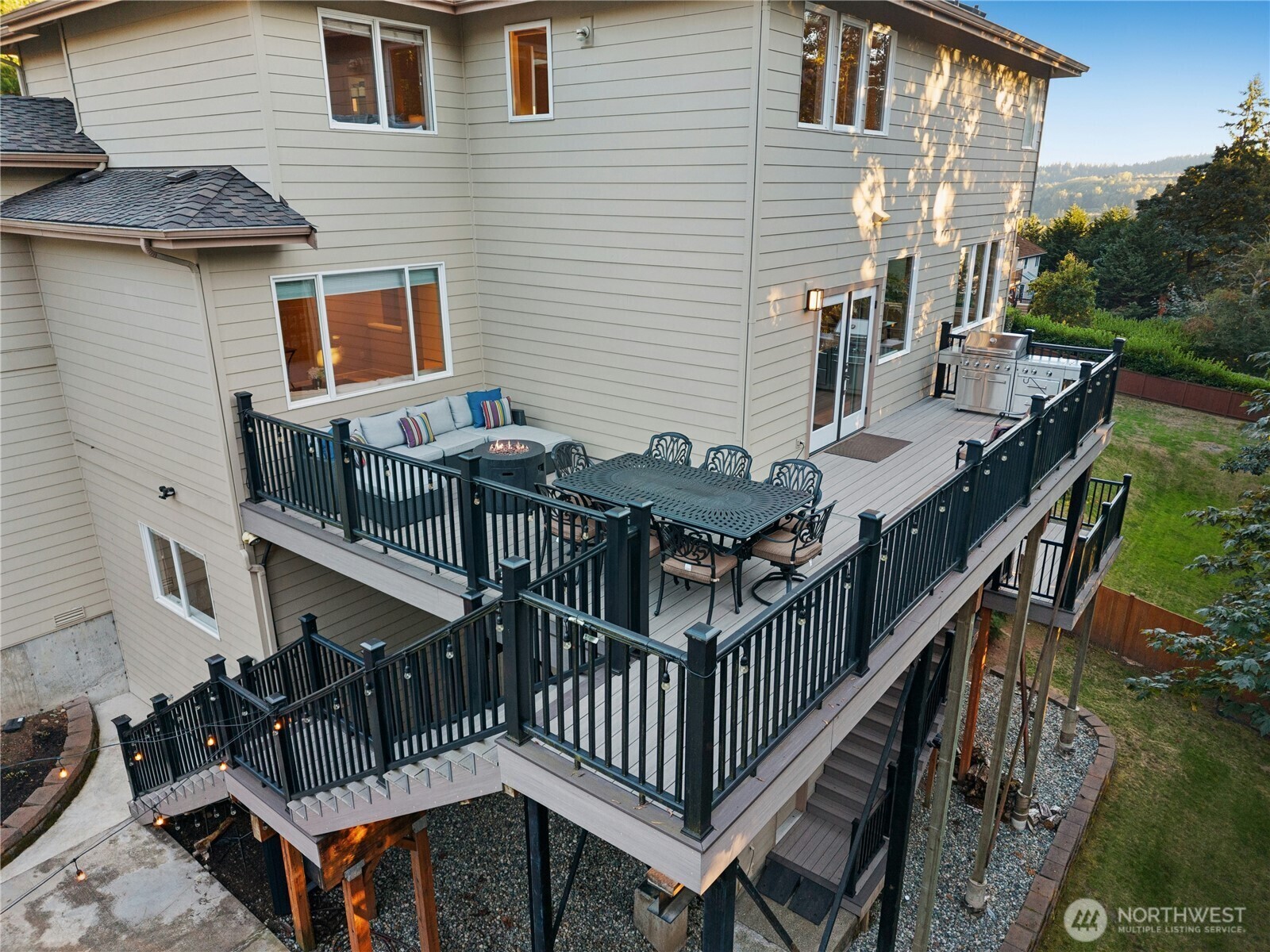 Aerial view of the deck and yard