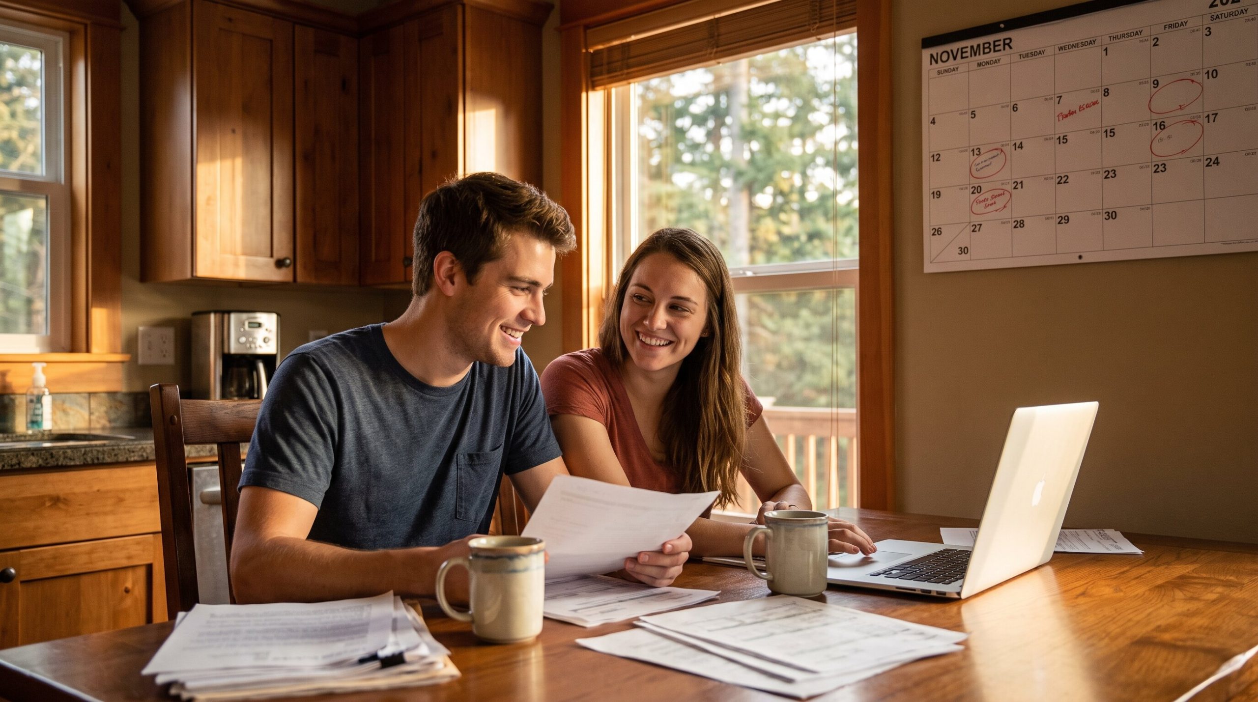 Couple reviewing closing paperwork and a calendar at a kitchen table in King County, WA