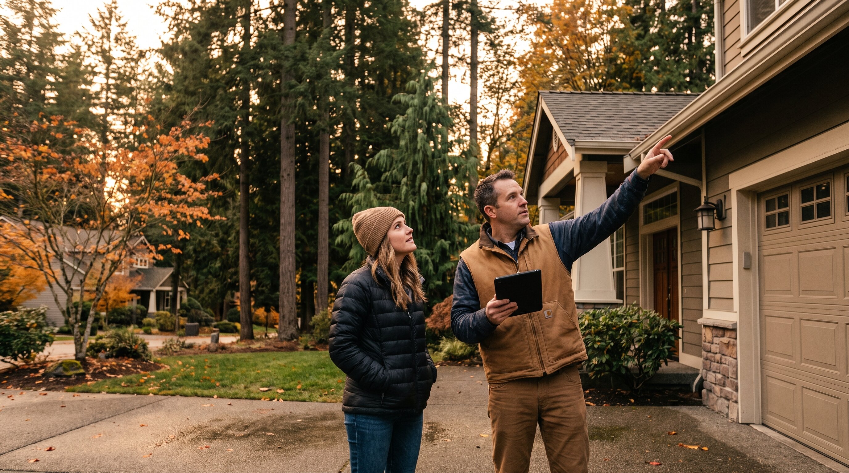 Home inspector and buyer checking a roofline on a single-family home in South King County, WA