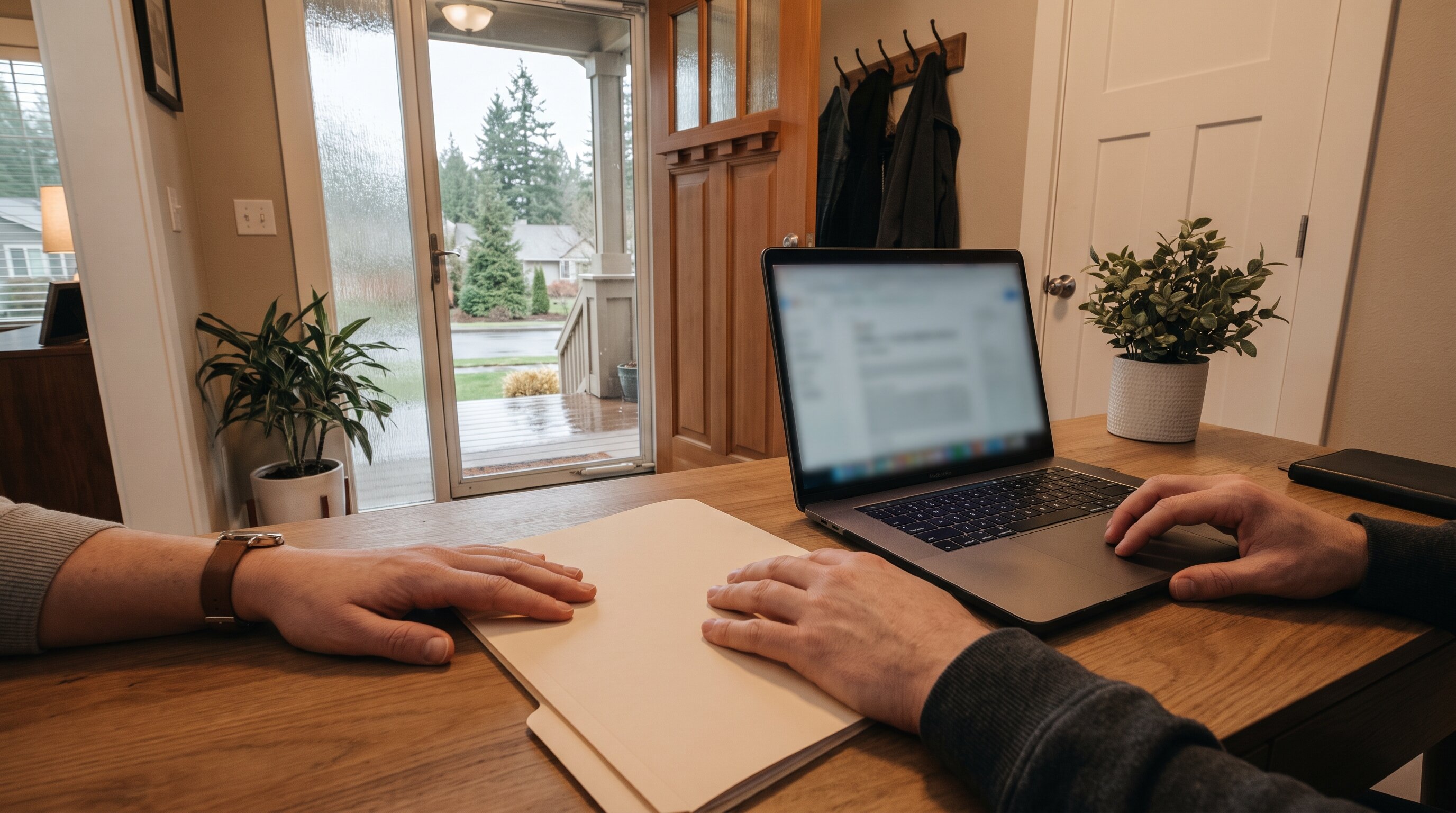 Buyer and agent reviewing a folder and laptop before writing an offer in South King County, WA