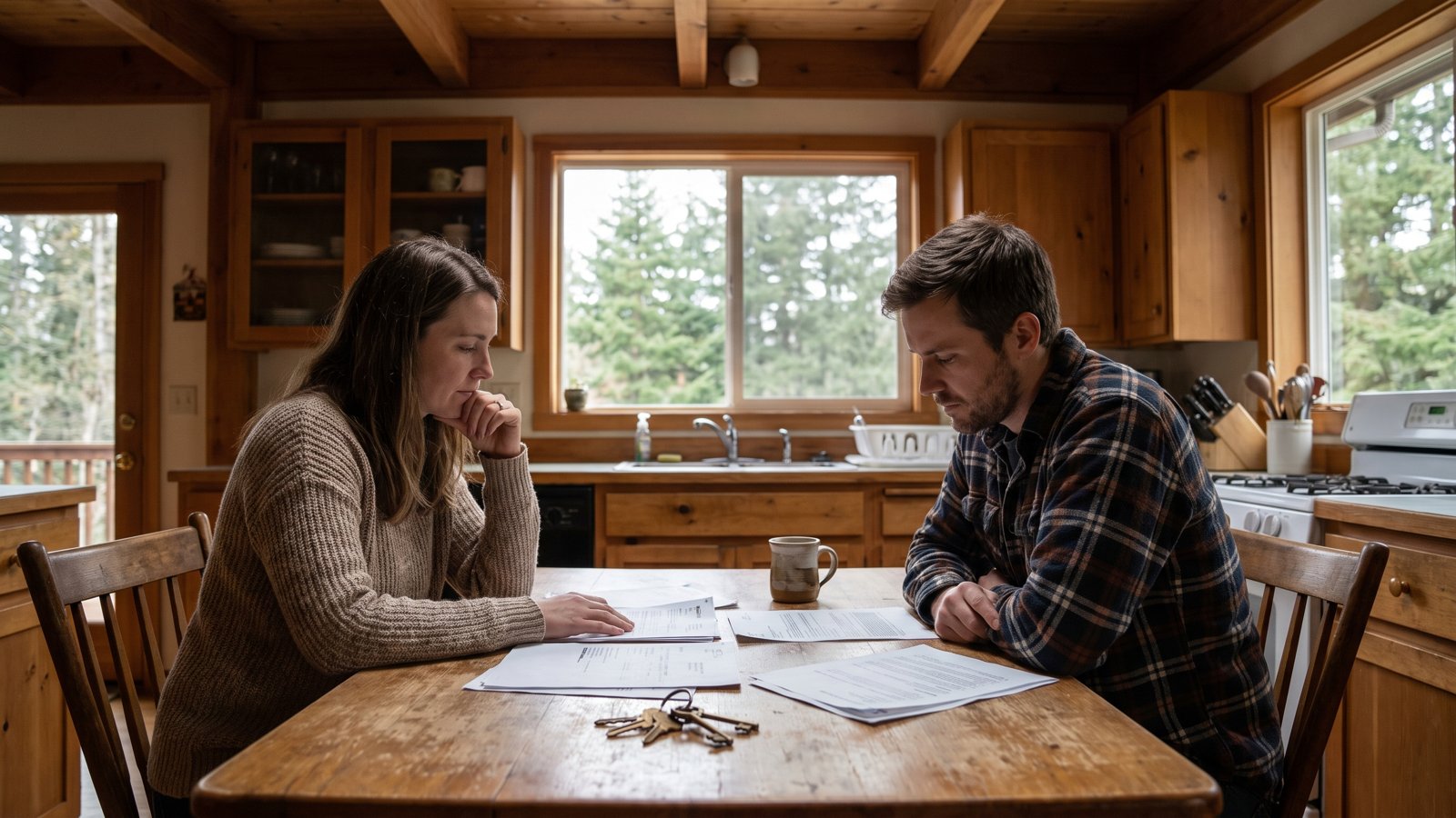 Family looking over papers at a table, deciding what to do with an inherited home in Washington