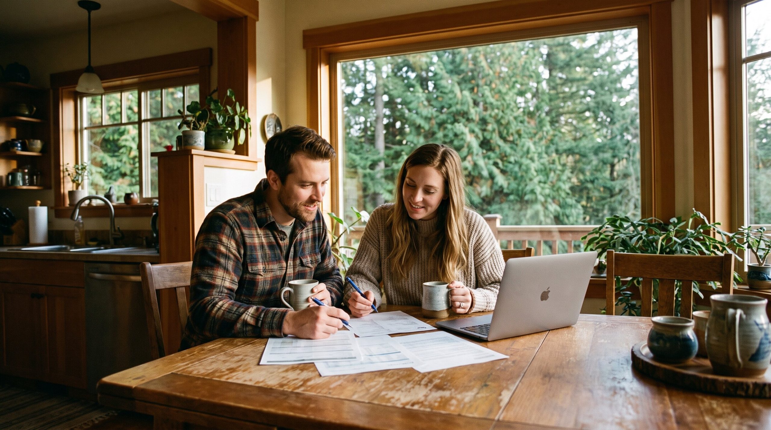 Couple reviewing mortgage paperwork at a kitchen table in a King County, WA home