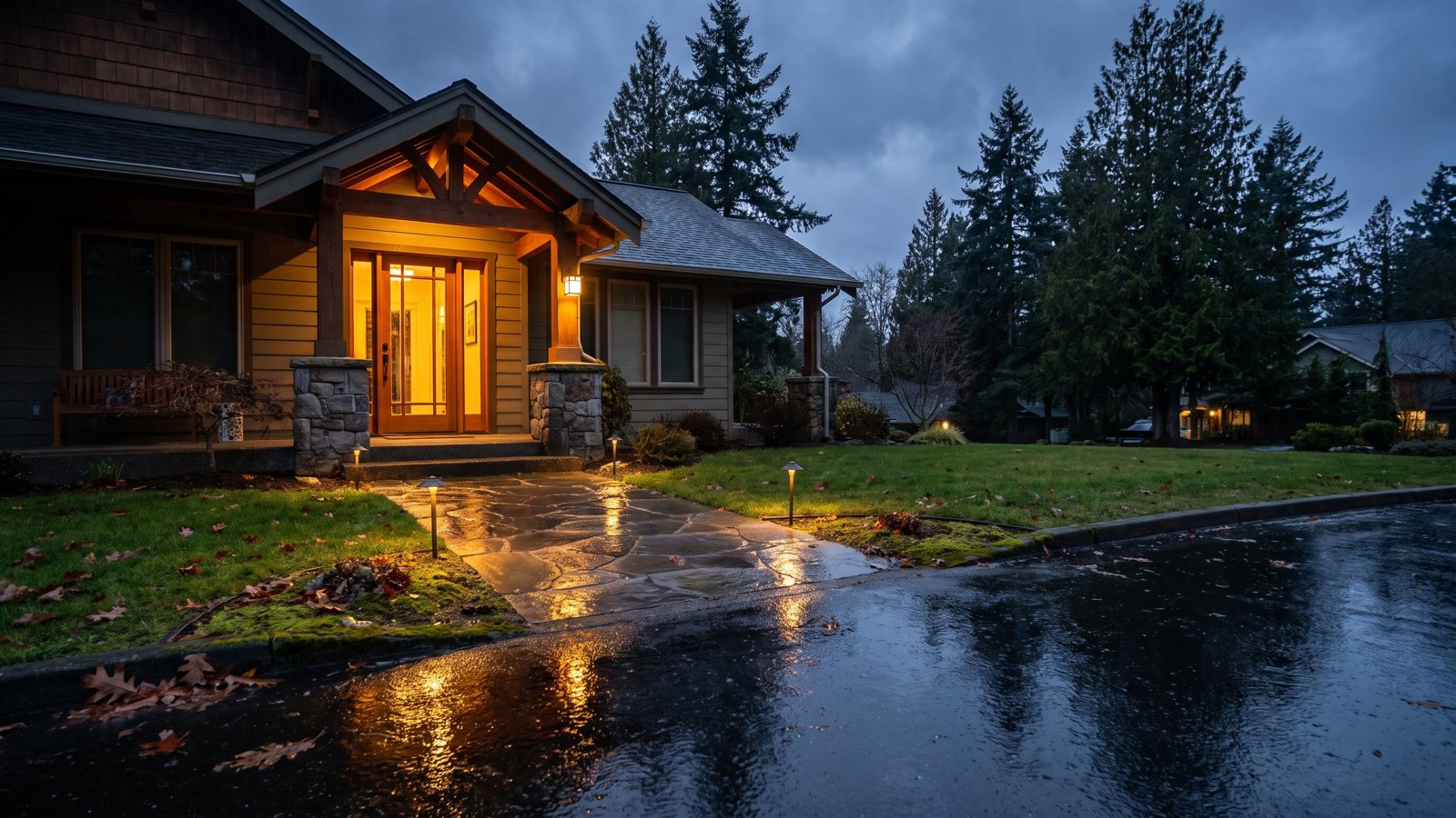 King County home with lit porch and clean gutters on a rainy winter evening, ready to list
