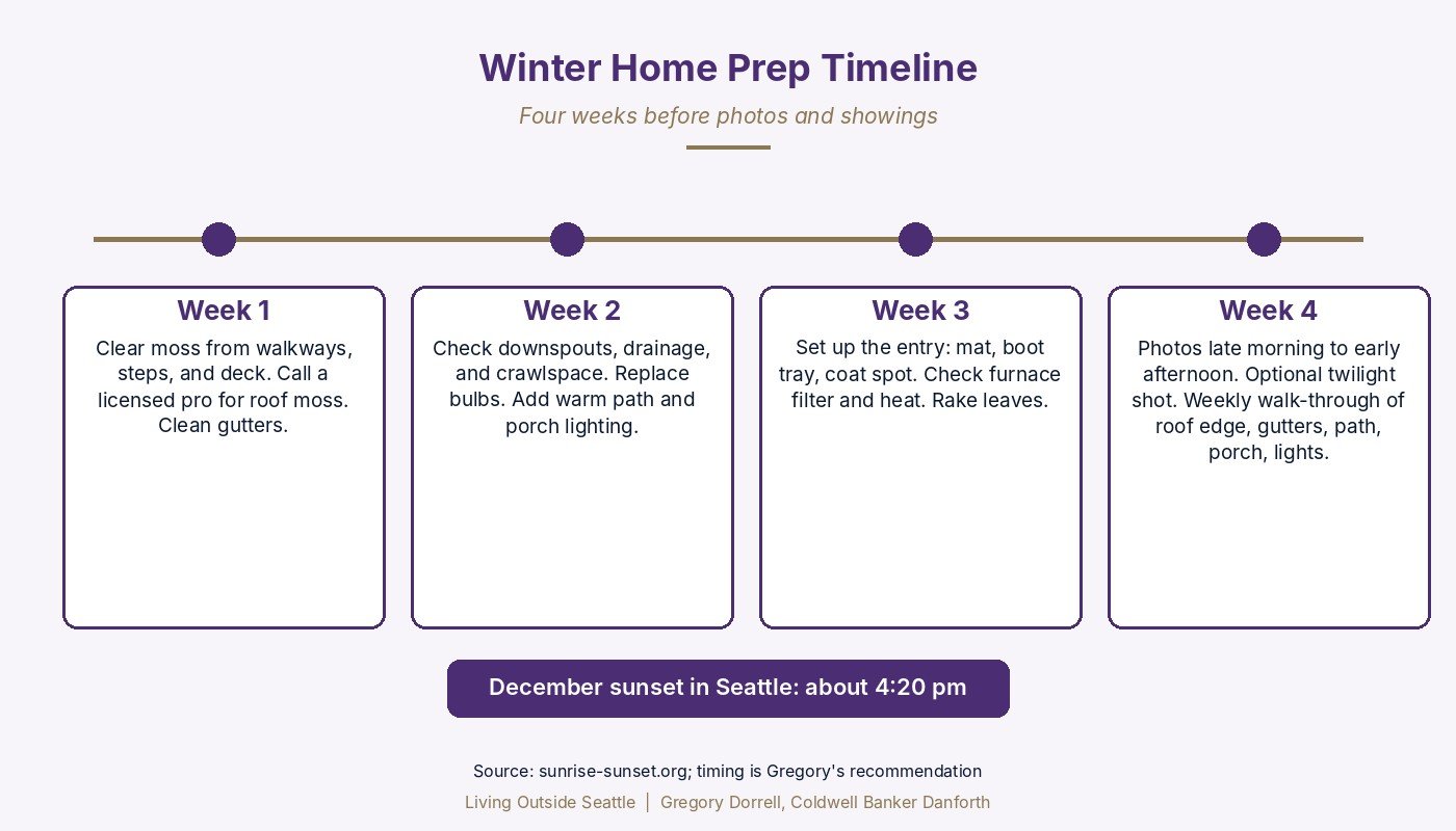 Four-week winter home prep timeline for King County sellers, from moss and gutters to photos and showings, October 2026